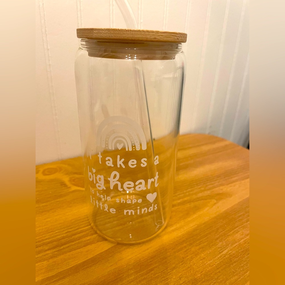 Teacher Appreciation Drinking Glass with Bamboo Lid And Glass Straw NEW